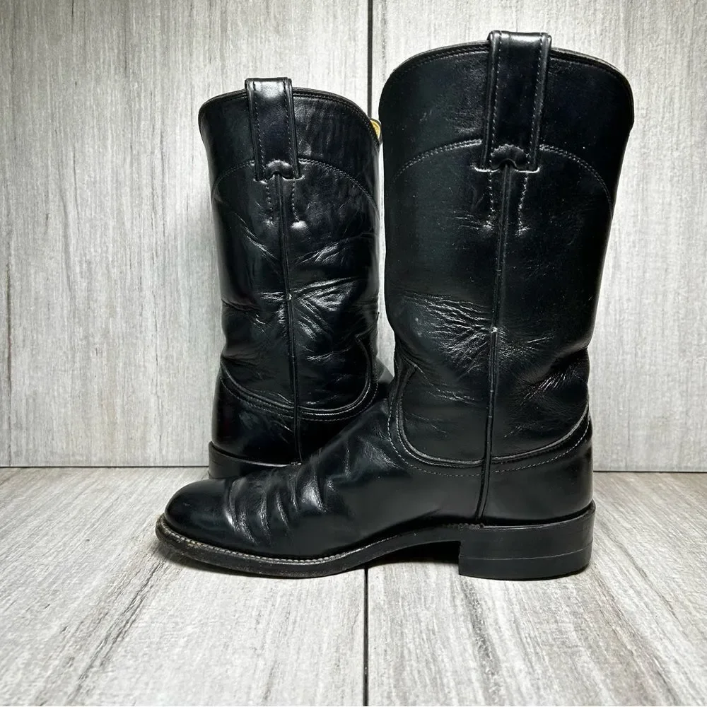 Justin Black Leather Round Toe Cowboy Boots Western Rodeo Youth Girls Size 4